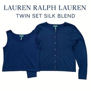 NWOT Lauren Ralph Lauren Twin Set Size L  Navy Blue Silk Blend Preppy